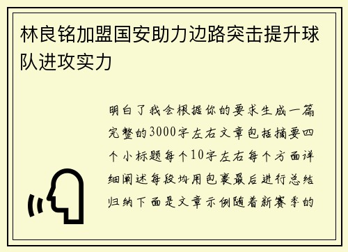 林良铭加盟国安助力边路突击提升球队进攻实力