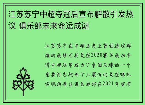 江苏苏宁中超夺冠后宣布解散引发热议 俱乐部未来命运成谜