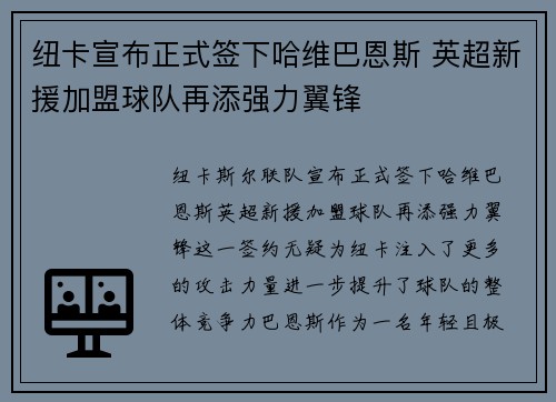 纽卡宣布正式签下哈维巴恩斯 英超新援加盟球队再添强力翼锋